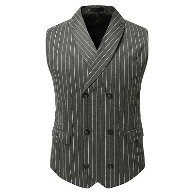 Mens Pinstripe Vest Double-Breasted Slim Fit Business Shawl Lapel