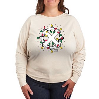 Plus Size Marvel X-Men Logo Christmas Lights French Terry Long Sleeve Tee