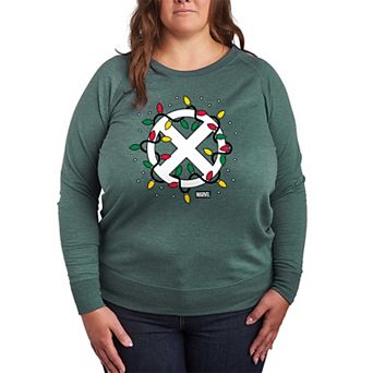Plus Size Marvel X-Men Logo Christmas Lights French Terry Long Sleeve Tee