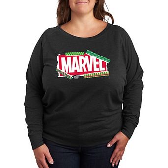 Plus Size Marvel Logo Christmas Wrapping Paper French Terry Long Sleeve Tee