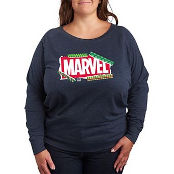 Plus Size Marvel Logo Christmas Wrapping Paper French Terry Long Sleeve Tee