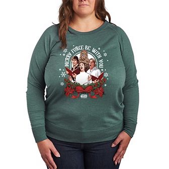 Plus Size Star Wars Merry Force Be With You Christmas Graphic French Terry Long Sleeve Tee