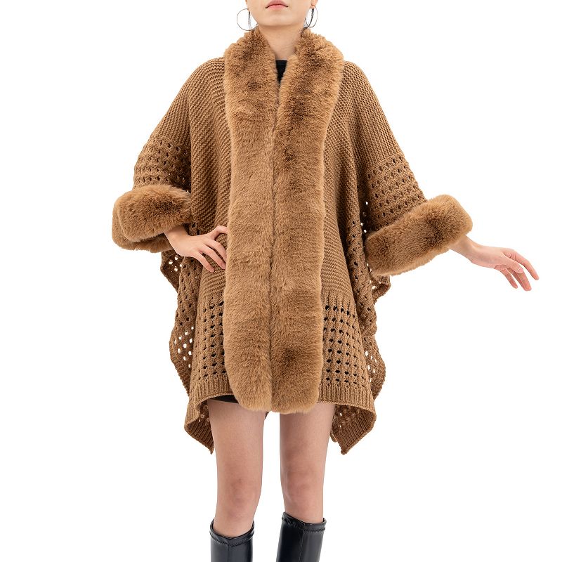 Women's Karla Hanson Winter Solace Ruana With Faux Fur Trim, Camel