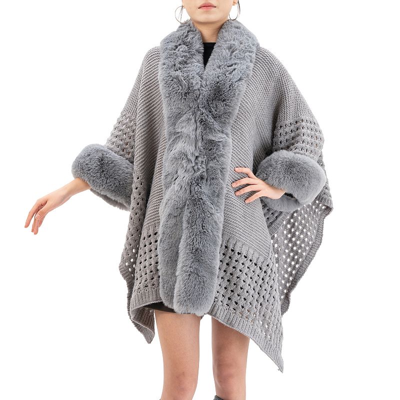 Women's Karla Hanson Winter Solace Ruana With Faux Fur Trim, Gray