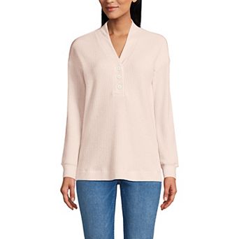 Women's Lands' End Waffle Shawl Collar Henley Long Sleeve Top