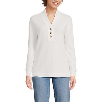 Women's Lands' End Waffle Shawl Collar Henley Long Sleeve Top