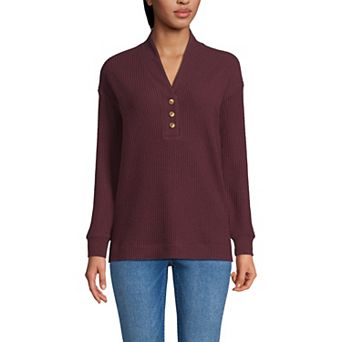 Women's Lands' End Waffle Shawl Collar Henley Long Sleeve Top