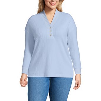 Plus Size Lands' End Long Sleeve Waffle Shawl Collar Henley Top