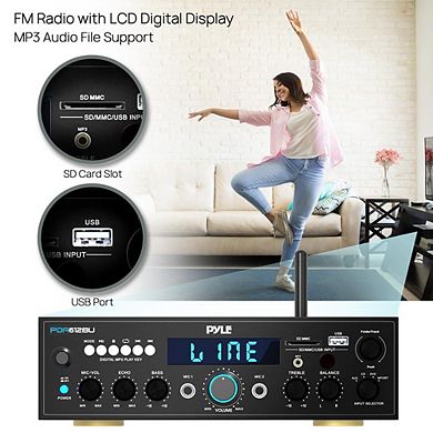 Pyle Bluetooth Stereo Amplifier Receiver, 200W, Compact Desktop Audio, FM Radio, MP3/USB/SD Support