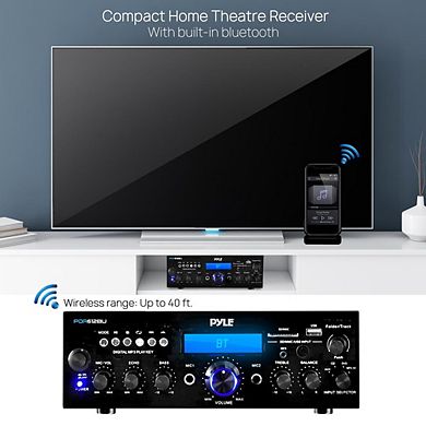 Pyle Bluetooth Stereo Amplifier Receiver, 200W, Compact Desktop Audio, FM Radio, MP3/USB/SD Support