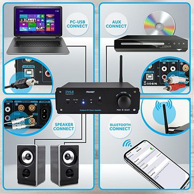 Pyle 2-Ch. Pro Audio Desktop Stereo Amplifier, 100W, Compact Hi-Fi, Bluetooth Streaming