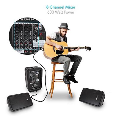 Pyle 600 Watt 8-Channel Portable Bluetooth Wireless PA Speaker Amplifier Kit with 8" Subwoofer
