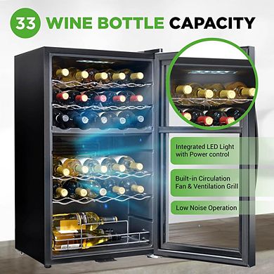 NutriChef 33-Bottle Wine Fridge, Dual Zone, Adjustable Temp 41°F-64°F, Ultra Quiet, Black