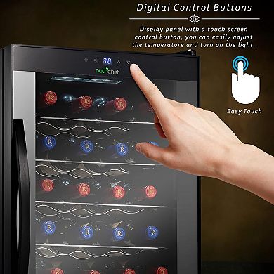 NutriChef 24-Bottle Wine Fridge, Single Zone, Adjustable Temp 41°F-64°F, Ultra Quiet, Black
