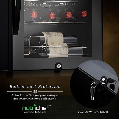 NutriChef 24-Bottle Wine Fridge, Single Zone, Adjustable Temp 41°F-64°F, Ultra Quiet, Black
