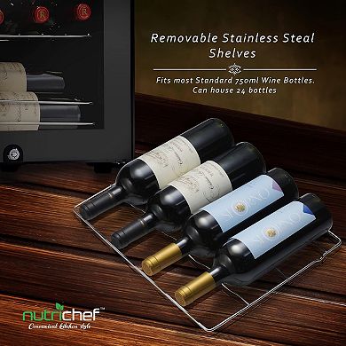 NutriChef 24-Bottle Wine Fridge, Single Zone, Adjustable Temp 41°F-64°F, Ultra Quiet, Black