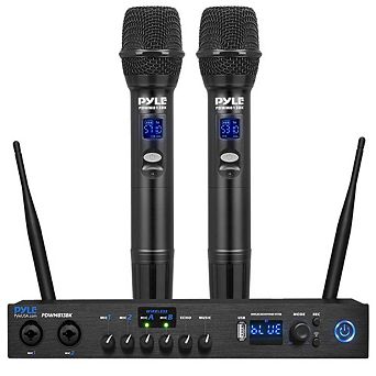 Pyle UHF Wireless Microphone System, Digital Audio Mixer, 2 Handheld Mics, Bluetooth, Black