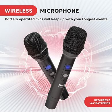 Pyle UHF Wireless Microphone System, Digital Audio Mixer, 2 Handheld Mics, Bluetooth, Black