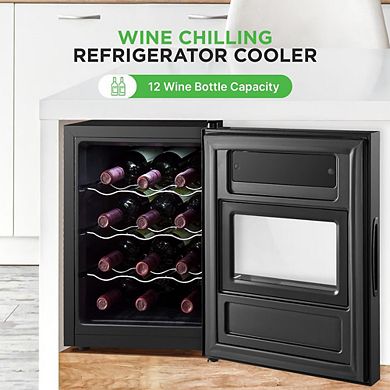 NutriChef PKCWC128 12-Bottle Wine Fridge, Adjustable Temp 41°F-64°F, Mini Cooler, Black