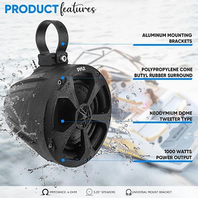 Pyle 5.25" Waterproof Bluetooth Off-Road Speakers with Amplifier 1000 Watts