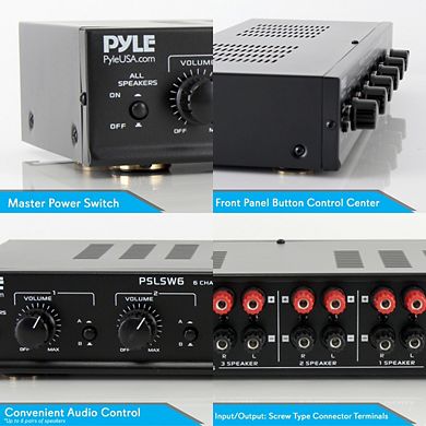 Pyle 6-Ch. Speaker Selector System, Multi-Zone Audio Speaker Receiver Control, 100W/Channel
