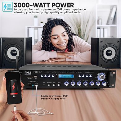 Pyle Pro Audio Hybrid Amplifier Receiver, 3000W, Bluetooth, USB/SD/FM/AM, Rack Mount