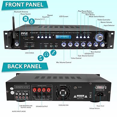 Pyle Pro Audio Hybrid Amplifier Receiver, 3000W, Bluetooth, USB/SD/FM/AM, Rack Mount