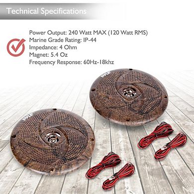 Pyle 6.5 Inch Marine Speakers - 2 Way IP44