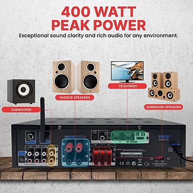 Pyle Home Stereo Amplifier, 400W, Bluetooth, Phono/Optical/Coaxial/FM, USB/SD, Microphone Inputs