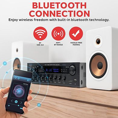 Pyle Home Stereo Amplifier, 400W, Bluetooth, Phono/Optical/Coaxial/FM, USB/SD, Microphone Inputs