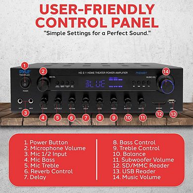 Pyle Home Stereo Amplifier, 400W, Bluetooth, Phono/Optical/Coaxial/FM, USB/SD, Microphone Inputs