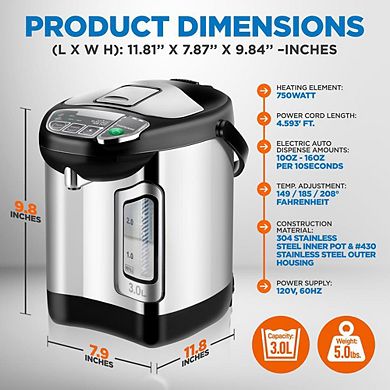 NutriChef Digital Hot Water Dispenser, 3L Instant Water Boiler with Auto Dispense & Safety Lock