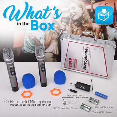 Pyle UHF Wireless Microphone Kit, 2 Handheld Mics, Receiver, Battery Operated, Karaoke