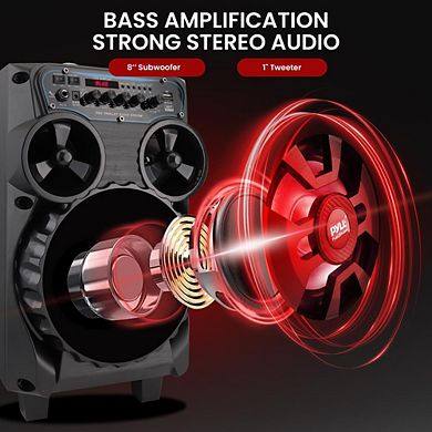 Pyle Portable Bluetooth PA Speaker - 8” BT Audio System - 6.5mm in, Trolley, Wheels - Wireless Mic
