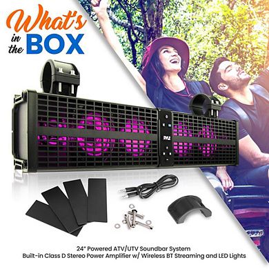 Pyle ATV/UTV Powersports Soundbar System, 24", Bluetooth, 80W Peak, LED Lights, IPX6 Waterproof