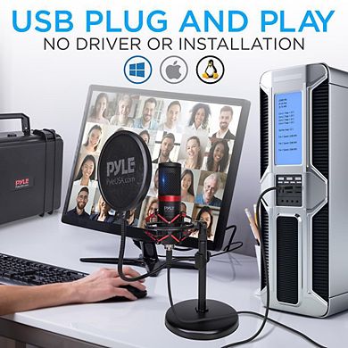 Pyle USB Computer Microphone Kit - Streaming & Recording Mic with Shock Mount Stand, Pop Filter
