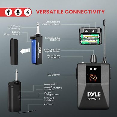 Pyle UHF Wireless Microphone Kit, Headset, Lavalier, Transmitter, Receiver, Karaoke