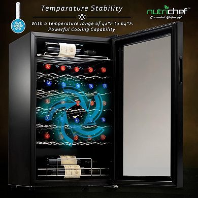 NutriChef PKCWC340 34-Bottle Wine Fridge, Single Zone, 93.5L Capacity, Black