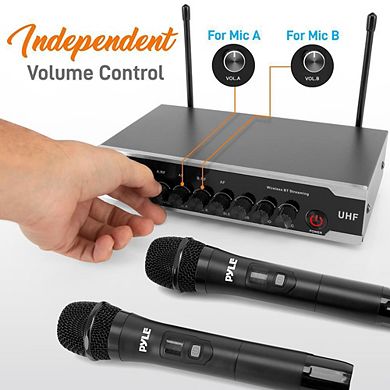 Pyle Portable UHF Wireless Mic System, Dual Bluetooth, 2 Handheld Mics, Receiver, Karaoke