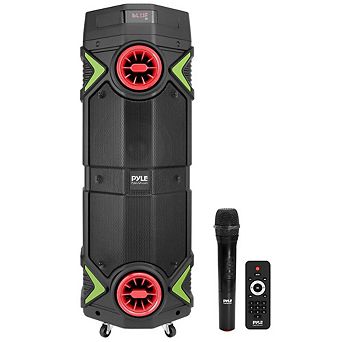 Pyle Dual 8'' Wireless Portable PA Speaker System with LED Lights, Bluetooth, and Wireless Mic