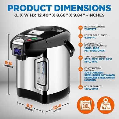 NutriChef Digital Hot Water Dispenser, 3L Instant Water Boiler with Auto Dispense & Safety Lock