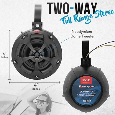 Pyle 2-Way Waterproof Off-Road Speakers, 4", 800W, Active Passive, Bluetooth, for ATV/Jeep