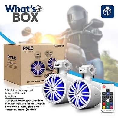 Pyle Bluetooth Waterproof Off-Road Speakers, 3.5", 40W, RGB Light, for Motorcycle/ATV, White