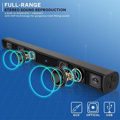 Pyle Home Theater Bluetooth Soundbar Speaker, 30W, Tabletop Design, Optical, USB, AUX