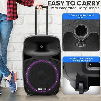 Pyle Wireless Sound Portable Bluetooth PA Speaker - 12" FM/AUX/MP3/USB/SD,Wheels,Microphone
