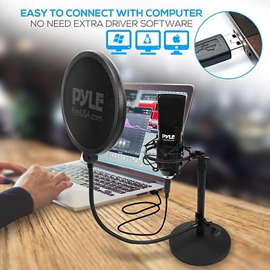 Pyle USB Podcast Microphone Kit - High-Resolution Mic with USB Cable, Pop Filter, Shock Mount