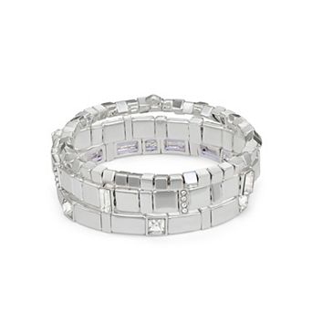 Nine West 3 pc Silver Tone Crystal Tile Stretch Bracelet Set