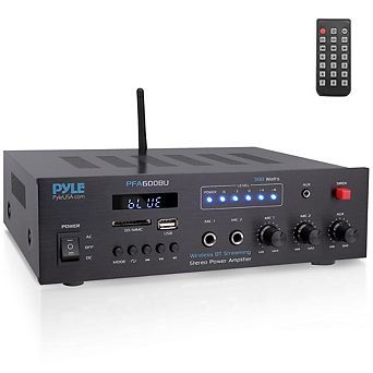 Pyle 300W Bluetooth Karaoke Amplifier, 2-Channel PA System, USB/SD, 2 Mic Inputs, Remote