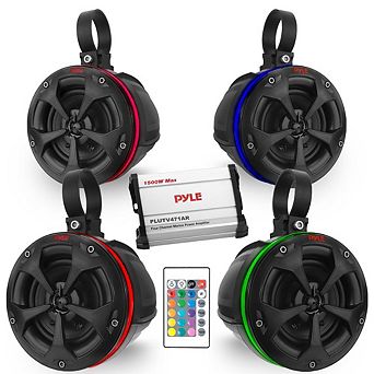 Pyle Waterproof Off-Road Speakers, 4" 800W, Marine Grade, RGB Lights, Remote, for ATV/Boat