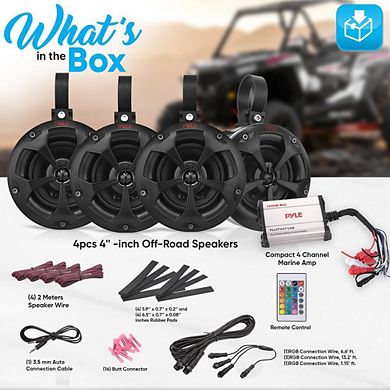 Pyle Waterproof Off-Road Speakers, 4" 800W, Marine Grade, RGB Lights, Remote, for ATV/Boat